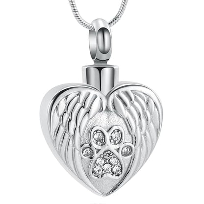 Heart Paw Print Urn Necklace for Ashes for Pet Stainless Steel Pendant - color: Silver