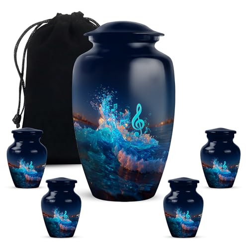 Yatskia Blue Music Little Cremation Keepsake Urn for Ashes Adult Brother and Sister, Large Funeral Burial Urns for Human Ashes Adult, (Classic 10 Inch and 3 Inch) - color: #4 Music, size: Combo Pack of 5