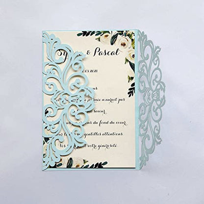 25PCS Light Blue Laser Cut Wedding Invitations Cards with Envelopes,Blank Inner Sheets,Ribbons for Wedding Bridal Shower Quinceanera Engagement Birthday Invites matte light blue B001 - color: matte light blue
