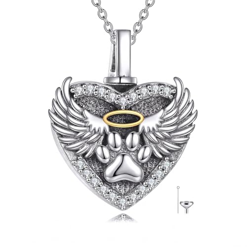 Family Members Urn Necklace for Ashes 925 Sterling Silver Angel Wings Heart Cremation Memorial Keepsake Pendant Jewelry for Loved One's Ashes, with 18" + 2" Stainless Steel Chain - style: Heart-Paw Print