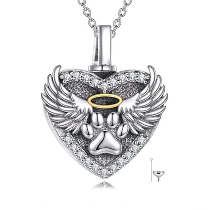 Family Members Urn Necklace for Ashes 925 Sterling Silver Angel Wings Heart Cremation Memorial Keepsake Pendant Jewelry for Loved One's Ashes, with 18" + 2" Stainless Steel Chain - style: Heart-Paw Print