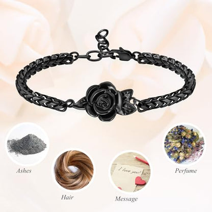 Minicremation Women's Adjustable Rose Urn Bracelet Ashes Holder Memorial Elegant Link Chain Keepsake Cremation Bangle to Hold Ashes - color: Black-A