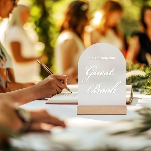 Acrylic Wedding Guest Book Sign for Reception with Wood Stand, 5 x 7 | Wedding signage encourages guests to sign the guest book; frosted acrylic table sign with white text and beech wood stand. - size: Guest Book Sign