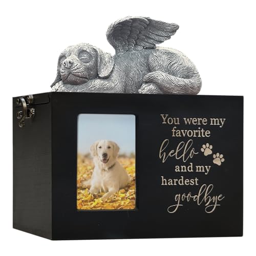 Dog Urn for Ashes Box with Picture Frame Black Funeral Cremation Box for Cat Solid Wood Keepsake Comtainer with Flannel Lining for Loss of Pet Remembrance Gift (Dog Urn-Black Hello-Large) - color: Dog Urn-black-hello, size: Large