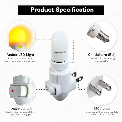 LowBlueLights Amber Night Light Plug in, 120V E12 Blue Light Free Bulb | 120V plug-in amber night light, blue light free, dim 0.5W E12 bulb for bedroom, nursery, bathroom, hallway