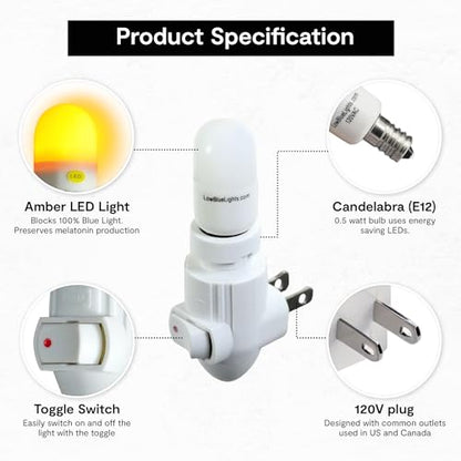 LowBlueLights Amber Night Light Plug in, 120V E12 Blue Light Free Bulb | 120V plug-in amber night light, blue light free, dim 0.5W E12 bulb for bedroom, nursery, bathroom, hallway