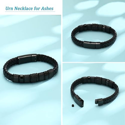 Cremation Jewelry Urn Bracelet for Ashes Men's Braided Genuine Leather Stainless Steel Memorial Cuff Bangle Braided Wristband Bracelet Keepsake Jewelry for Loved Ones with Fill Tool - color: A-Black 22cm