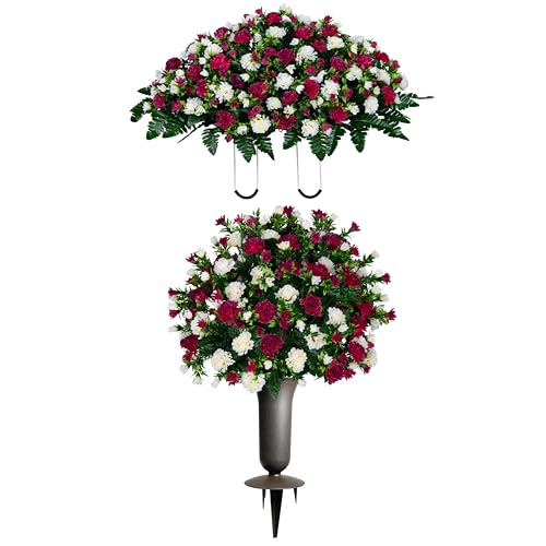 Artificial Cemetery Flowers - Gravesite Memorial Arrangment - Beauty & Cream Garden Mums - (1) Saddle (1) Bouquet (1) Vase - color: Beauty & Cream, size: (1) Saddle (1) Bouquet (1) Vase