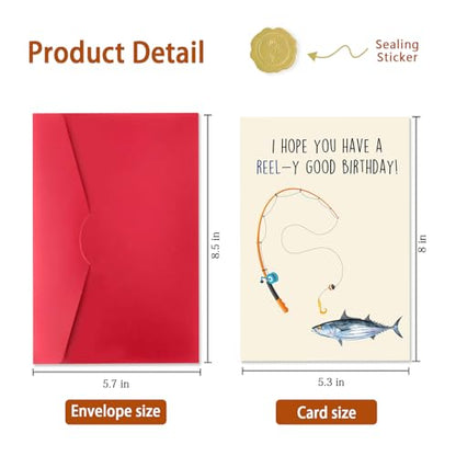 Funny Fishing Birthday Gift for Him Her, Fishing Pun Card for Men Women | Funny Birthday Card for Fishing Lovers, “REEL-y Good Birthday” Greeting Card with Envelope - color: New WY-238
