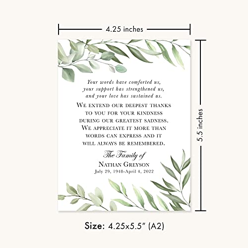 Greenery Funeral Thank You Cards, Sympathy Acknowledgement Cards | Bereavement Notes, With Envelopes, 4.25x5.5", Flat Notecards