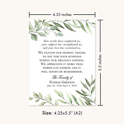 Greenery Funeral Thank You Cards, Sympathy Acknowledgement Cards | Bereavement Notes, With Envelopes, 4.25x5.5", Flat Notecards
