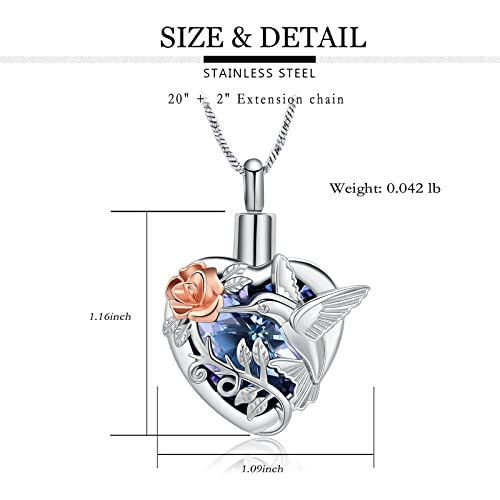 Yinplsmemory Hummingbird Cremation Jewelry Crystal Heart Urn Ashes Necklace for Women Men Memorial Keepsake Necklace of Loved One - color: Purple-Rose gold