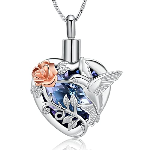 Yinplsmemory Hummingbird Cremation Jewelry Crystal Heart Urn Ashes Necklace for Women Men Memorial Keepsake Necklace of Loved One - color: Purple-Rose gold