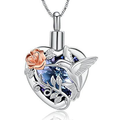 Yinplsmemory Hummingbird Cremation Jewelry Crystal Heart Urn Ashes Necklace for Women Men Memorial Keepsake Necklace of Loved One - color: Purple-Rose gold