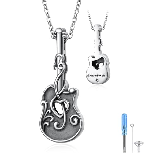 925 Sterling Silver Urn Necklaces for Women Claddagh/Angel Wings/Guitar/Butterfly/Tree of Life Ashes Memorial for Loss Keepsake Jewelry Present Easter Day of the Dead - style: Guitar