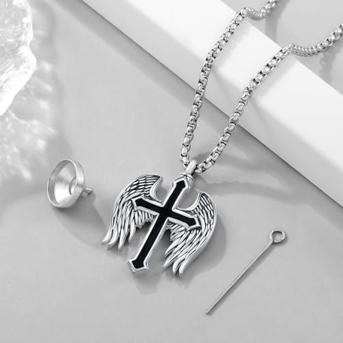 Aniu S925 Sterling Silver Urn Necklace Cremation Jewelry for Ashes - color: Cross Angel Wing-D