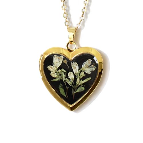 Handmade Dried Pressed Flower Heart Shaped Photo Locket Pendant Necklace - color: Gold, style: White Flower on Black