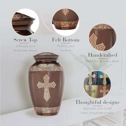 Bronze Cross Cremation Urns for Human Ashes Adult Male & Female Urns - color: Brushed Bronze - Engraved Ribbon, size: Extra Large