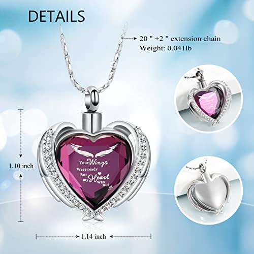 Imrsanl Cremation Jewelry for Ashes Pendant - Crystal Heart Urn Necklace with Mini Keepsake Urn Memorial Ash Jewelry - color: Wings-Purple