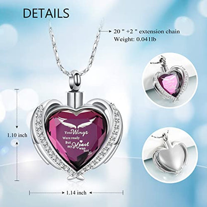 Imrsanl Cremation Jewelry for Ashes Pendant - Crystal Heart Urn Necklace with Mini Keepsake Urn Memorial Ash Jewelry - color: Wings-Purple