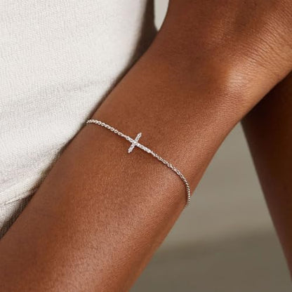 Moodear Cross Bracelet for Women, Dainty Sterling Silver/Gold Plated Gift | Christian Religious Gifts for Teen, Stocking Stuffers, Adjustable Link Bracelets, Sparkling CZ Cross, Non Tarnish Jewelry - color: CZ Silver Cross Bracelet
