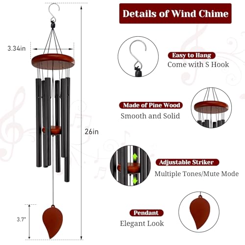 Small Wind Chimes for Outside, Wind Chimes Outdoor with 6 Tuned Tubes, Memorial WindChimes for Garden, Patio and Home - size: 26" BKLeaf