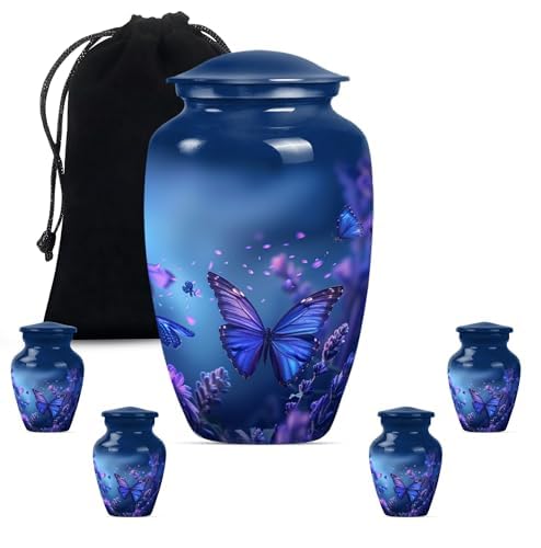 Butterfly Urn for Ashes - Large Cremation Urns for Human Ashes Adult Male Female - Keepsake Decorative Urns Mom - Small Funeral Urns for Women - Ash Holder for Dad (Size:- 10" 1Pc, 3" 4Pc) - color: Blue Butterfly, size: 10 inch (1 piece) & 3 inch (4 piece