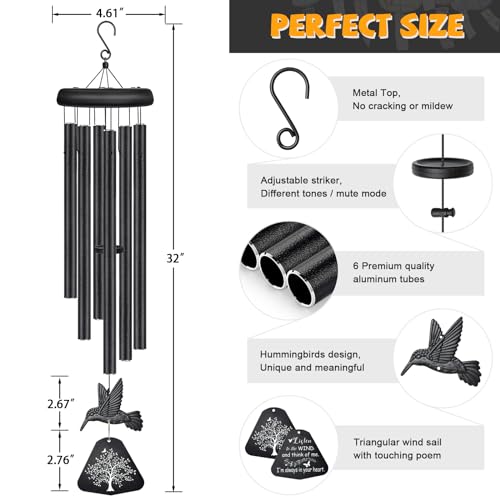 Sympathy Wind Chimes for Outside Deep Tone, Memorial Wind Chimes for Loss of Loved One Prime, Bereavement Condolence Remembrance Funeral Gifts for Grieving Friends Loss of Mother Father - size: C-Black Hummingbird
