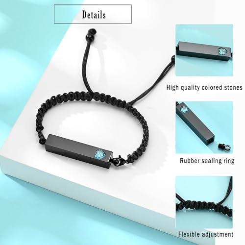zeqingjw Vertical Bar Urn Bracelet for Ashes for Women Men Stainless Steel Cremation Jewelry Braided Rope Adjustable Keepsake Bracelets of Loved Ones Ash Holder Memorial Gift - color: Black-Light Blue