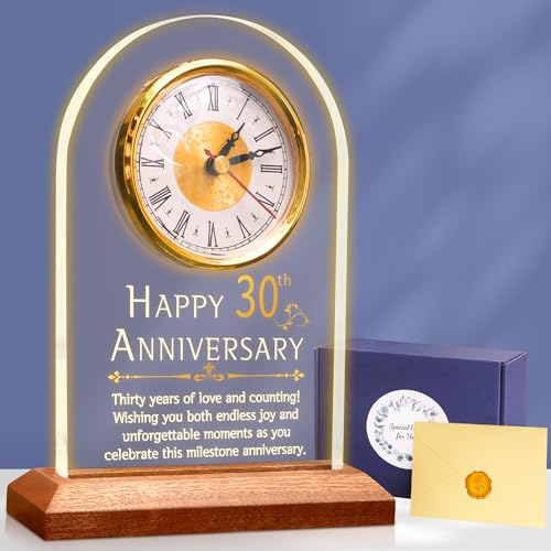OkiyiD 30th Anniversary Wedding Gifts for Couples, 30 Years of Marriage, Light Up Anniversary Quartz Clock with LED Wooden Base for Home Decor,30th Wedding for Husband Wife, Parents - color: 30th Anniversary