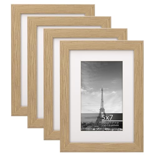 5x7 Modern Home Gallery Picture Frame Collage Set, Natural Oak Textured Wood Grain Profile, Shatter Free Plexi Glass Matted for 3.5x5.5 Photo, Postcard, 4 Pack - color: Natural Oak, size: 5 x 7 in 4pk