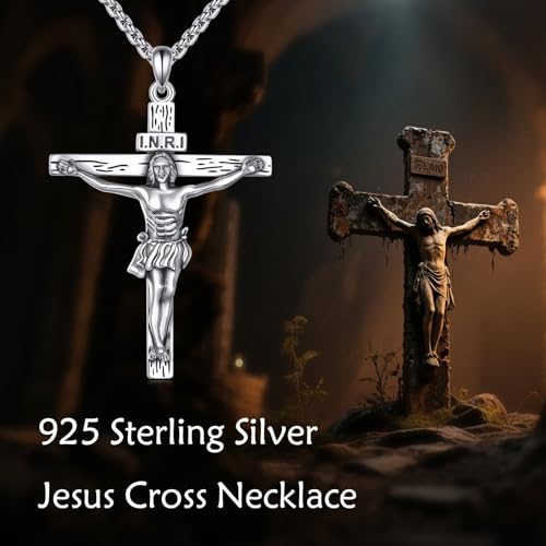 925 Sterling Silver Cross Necklace for Men & Women Crucifix Jesus/Cross Pendant with 22"+2" Stainless Steel Chain Jewelry Gift for Christmas, Father's Day, Mother's Day, Birthday-Gift Box Included - style: B04 Crucifix