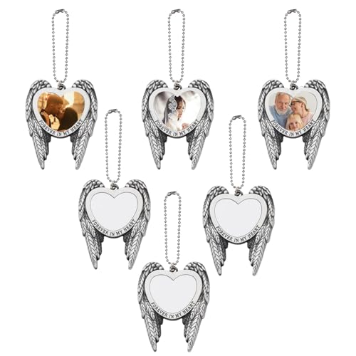 6 Set Sublimation Angel Wing Ornament Blanks Metal Love Heart Pendant Personalized Car Hanging Ornaments with Blank Photo for Home Window DIY Picture Crafts Silver