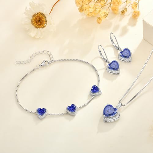 925 Sterling Silver Halo Heart Necklace for Women | Lwsary Love Heart Necklace, Heart Cut Birthstone Jewelry for Her - color: Violet Blue