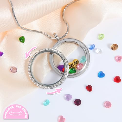 Floating Locket Necklace for Mom Grandma Birthstone Necklace for Women - color: Silver