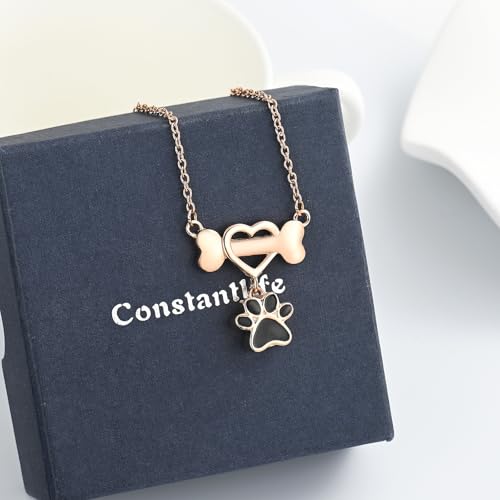 constantlife Paw Print & Bone Pendant Urn Necklace for Pet Ashes | Mini cremation jewelry, stainless steel material, for women men dog lovers, waterproof, with a filling tool kit - color: Rose gold