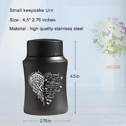 Stainless Steel Mini Cremation Urn - 4.5 Inches Small Keepsake Urn for Human Ashes - size: Wing-Black