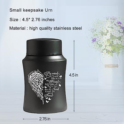 Stainless Steel Mini Cremation Urn - 4.5 Inches Small Keepsake Urn for Human Ashes - size: Wing-Black