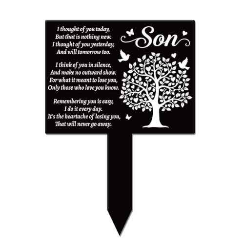 GLOBLELAND Rectangular Son Tree Garden Stake Tree Birds Memorial Remembrance Son Texts Plaque Acrylic Stake Heart Blessing "Think of You Every Day" Garden Plaque for Yard Grave Cemetery