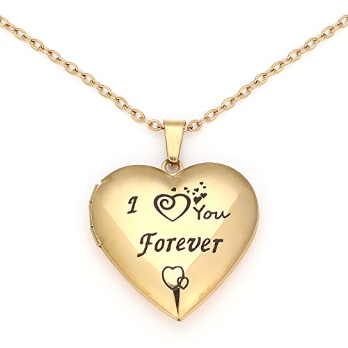 I You Forever“ Love Heart Shaped Locket Necklace That Can Holds Pictures Inside Stainless Steel Locket Necklace - color: Gold