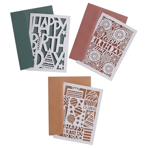 Masterpiece Laser Cut Happy Birthday Cards / 12 Birthday Celebration Cards With Complementary Colored Envelopes / 5" x 7" Folded Boxed Greeting Card Set With Insides Verse / 3 Modern Designs - color: Laser Cut
