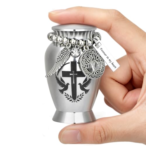 Small Cremation Urns for Human or Pet Ashes, Mini Metal Sharing Keepsake Urn for Adults, Sleek Silver Decorative Funeral Memorial Urn with Engraved Cross, Tree of Life & Angel Wing Charm - color: Silver