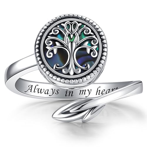 Tree of Life Urn Ring for Ashes 925 Sterling Silver Adjustable Family Tree with Opal Memorial Keepsake Jewelry Always in My Heart Cremation Ring for Women - color: Abalone shell