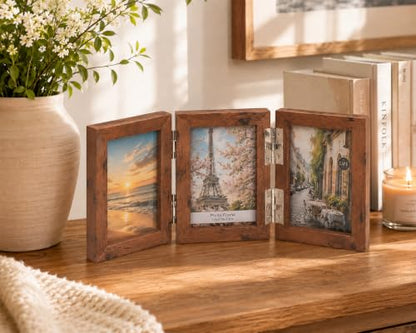 Collage Picture Photo Frames - 4x6, Triple Hinged 3 Desk Picture Frame, Wooden Desk Tabletop Family Photo Frame with Glass Opening, Decorative Folding Trifold Picture Frame Stand Vertical, Brown - style: Collage Brown 3-Fold,4×6"