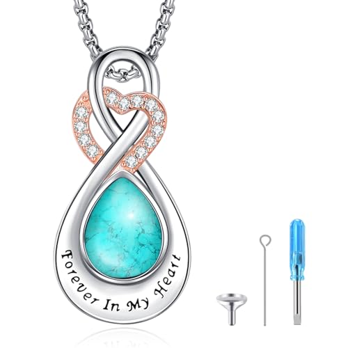 Infinity Urn Necklace for Ashes Sterling Silver Heart Moonstone Turquoise Birthstone Keepsake Memorial Cremation Jewelry for Women - style: Infinity A-12-Dec.-Turquoise