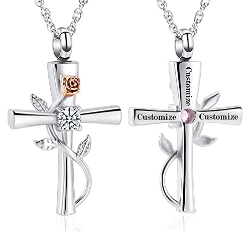 shajwo Cross Urn Necklace for Ashes Birthstone Rose Flower Cremation Jewelry for Women Gilrs Keepsake Memorial Ashes Pendant - color: Customize