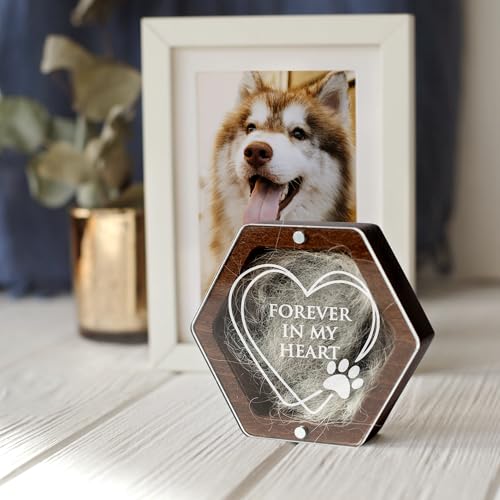 Pet Hair Keepsake Box for Dog or Cat Fur – Wooden Memorial Display Box with Clear Acrylic Lid – Unique Gift for Pet Loss – Forever in My Heart (Dark Wood) - color: Dark Wood