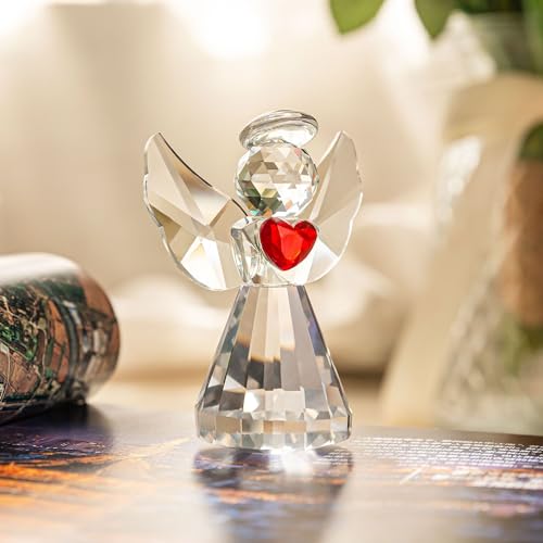 3in Glass Angel Figurines Crystal Guardian Angels Statue | Art Glass Angel Heart Paperweight Ornaments, Christmas Birthday Gifts for Women Mom - style: angle-heart