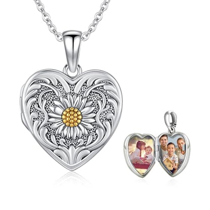 MEDWISE 925 Sterling Silver Locket Necklace That Holds Pictures Photo Necklace Oxidized Rose Flower/Sunflower/Compass/Celtic Heart Pendnat Lockets Gifts for Women Birthday Christmas Gifts - style: H-Custom Daisy