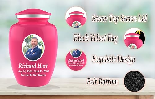 Personalized Photo Cremation Urns for Human Ashes Adult Male Female - 200lbs Custom Photo Burial Urns for Human Ashes - Engraved Handcrafted Funeral Decorative Urns for Adult with Velvet Bag, Pink